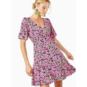 Lilly Pulitzer Kessler Lil Lilly Onyx Pink Green Floral Ruffle Wrap Dress Medium